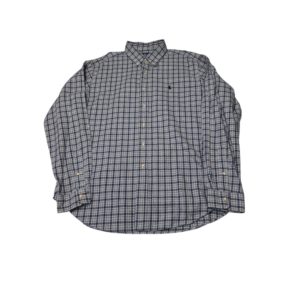 Polo Ralph Lauren‎ Mens XL Classic Fit Plaid Button Down Shirt Blue White Cotton